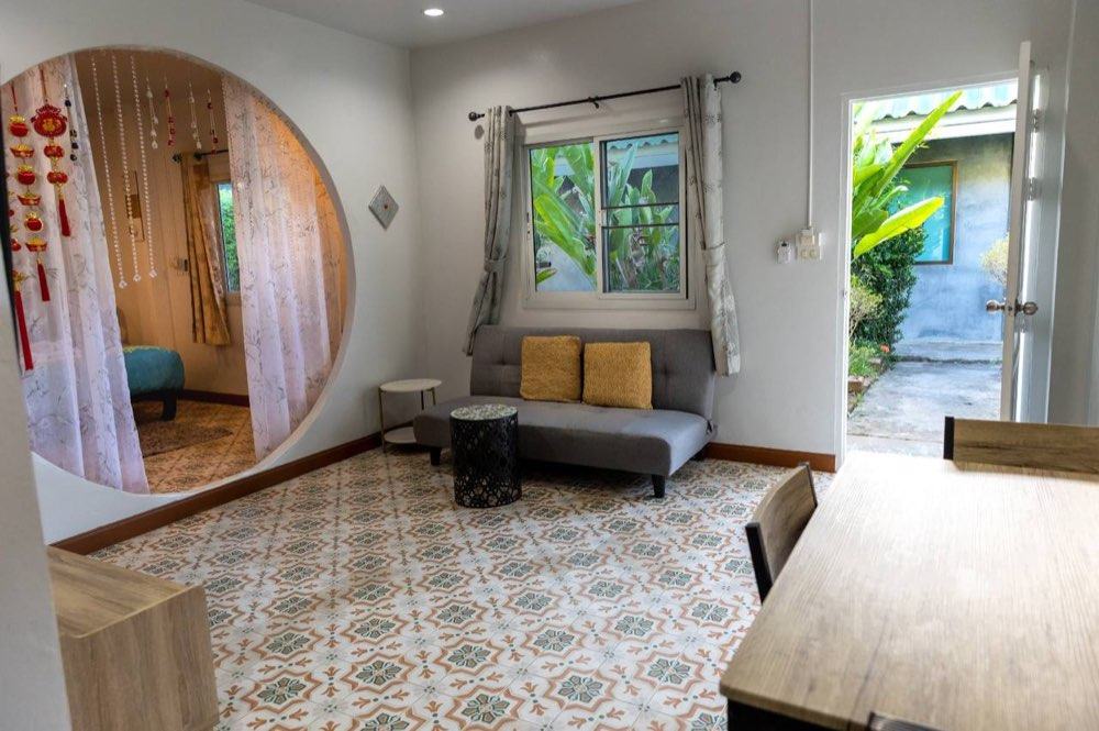 Living room with courtyard view
